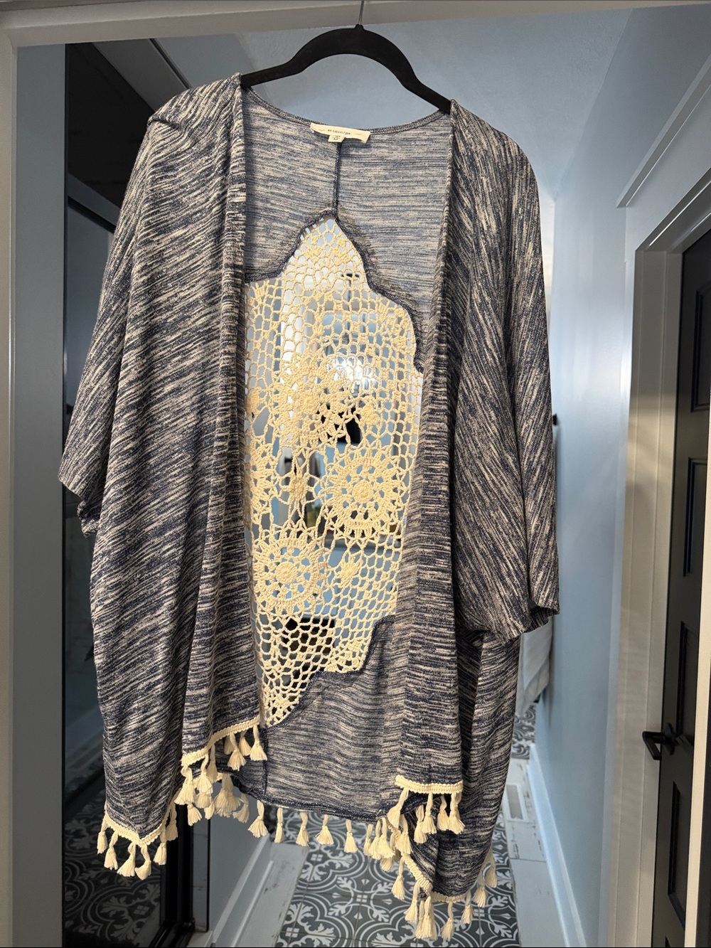 Lightweight Blue Marled Open-Front Cardigan with Crochet & Tassels